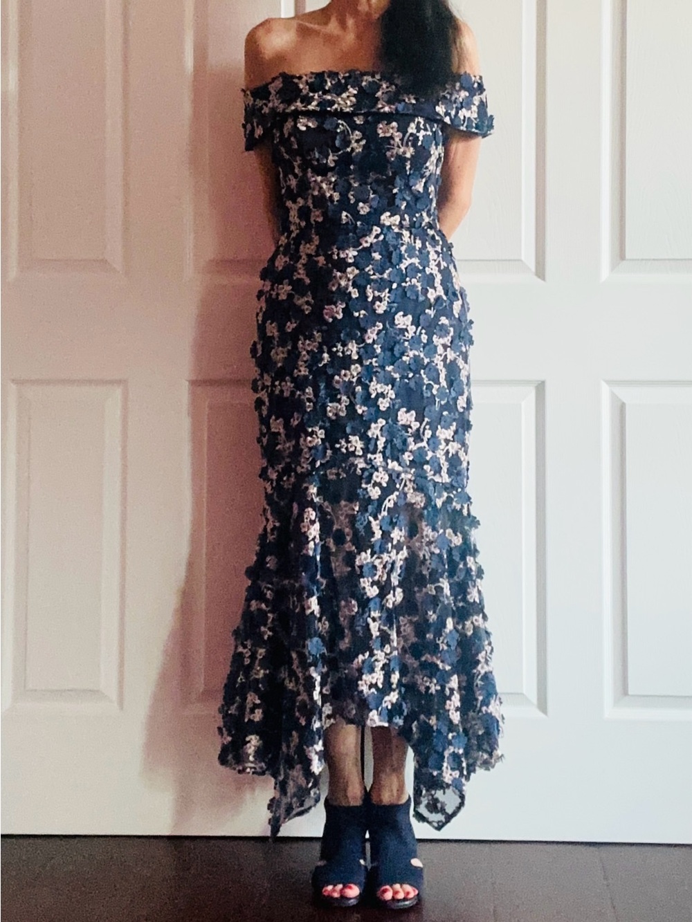 Xscape, Brynlee, Maxi, Bardot / off shoulder  Dress, Blue and Pink 3D Flowers